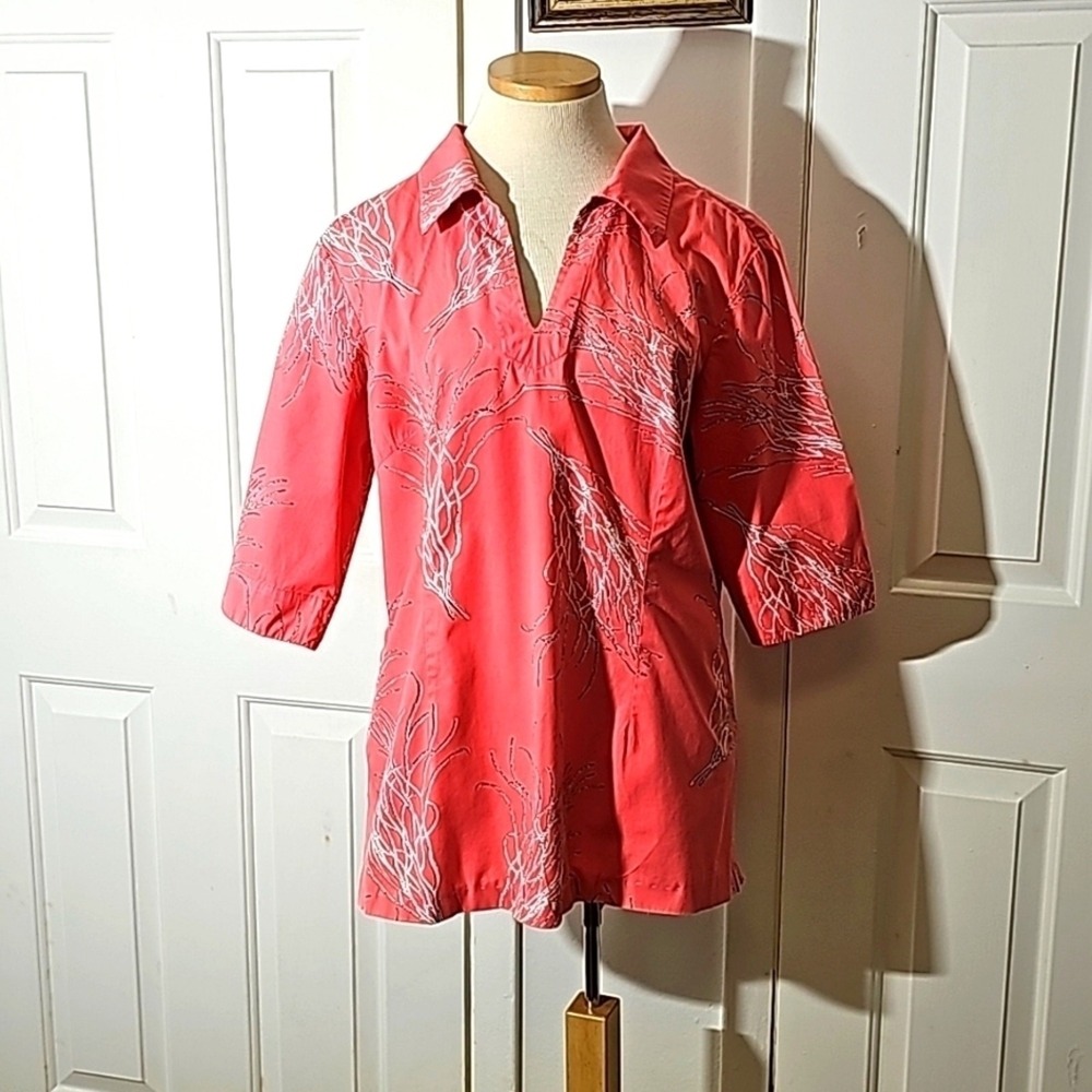 J. McLaughlin Coral Sea Branch Tunic Womens Size 10 Pink Coastal Resort Cotton